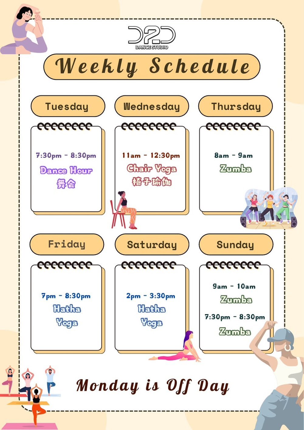 D2D Studio weekly class schedule — Tuesday to Sunday, closed Mondays